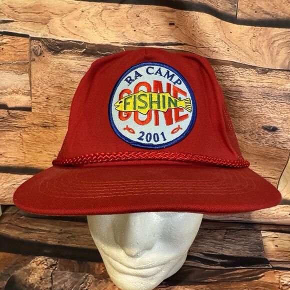 Vintage 2001 RA Camp Gone Fishin' Red Trucker Hat SnapBack Cap Fishing Outdoor - Picture 1 of 7